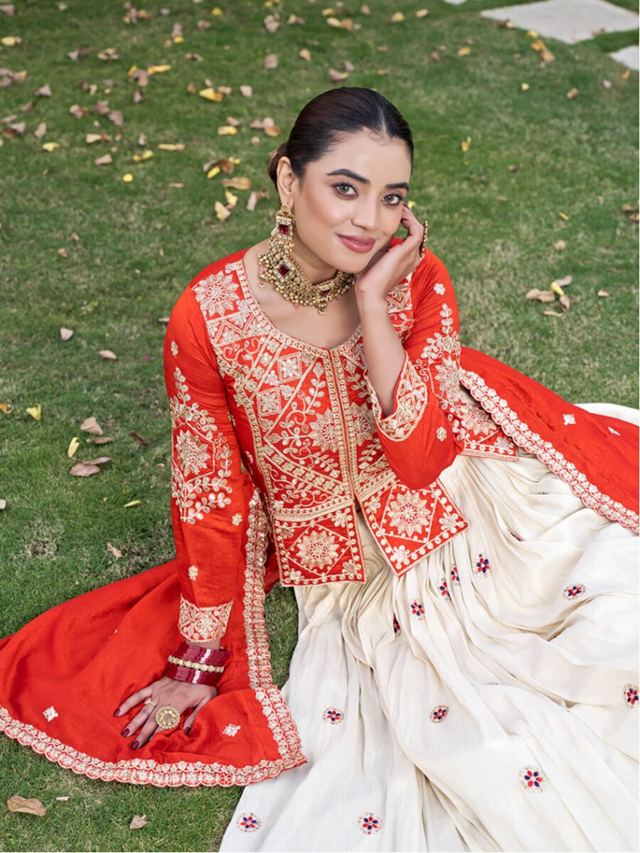 Orange Pure Vichitra Embroidery Wedding Party Festival Traditional Lehenga Choli
