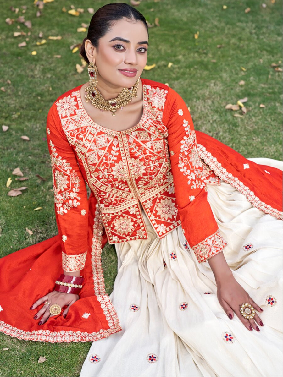 Orange Pure Vichitra Embroidery Wedding Party Festival Traditional Lehenga Choli