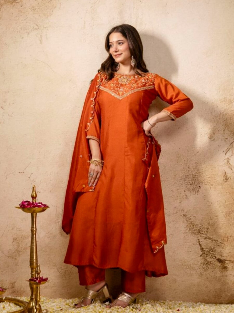 Image of Orange Pure Vichitra Silk Embroidery Wedding Party Festival Ready Pant Salwar Kameez