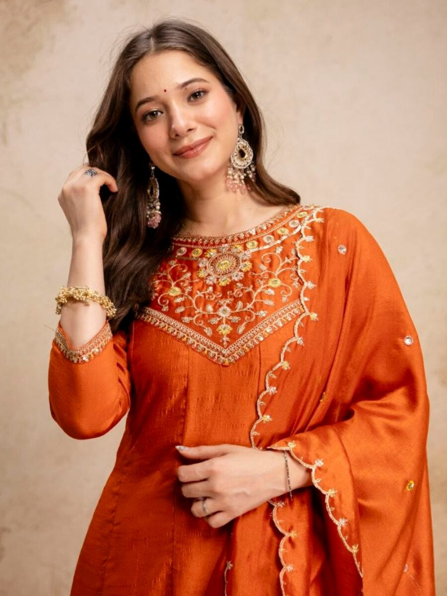 Orange Pure Vichitra Silk Embroidery Wedding Party Festival Ready Pant Salwar Kameez