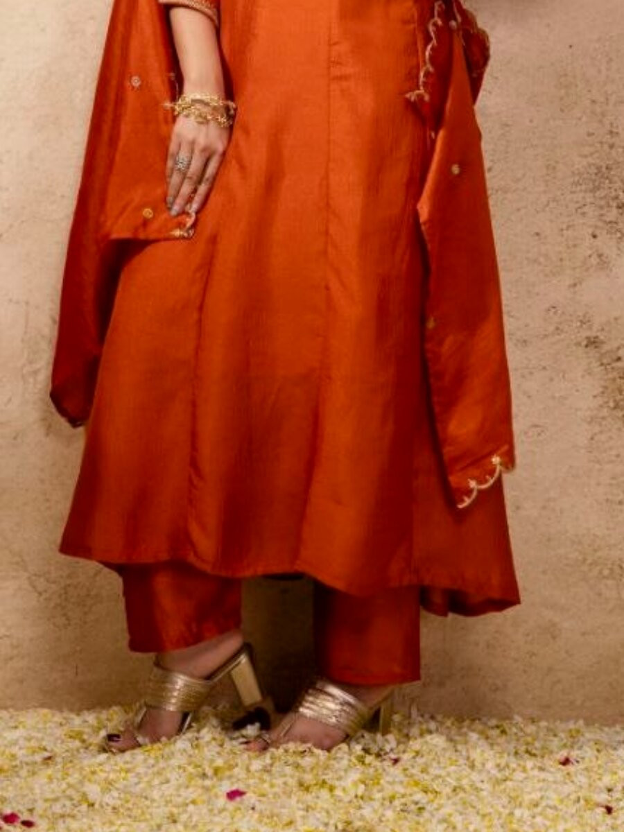 Orange Pure Vichitra Silk Embroidery Wedding Party Festival Ready Pant Salwar Kameez