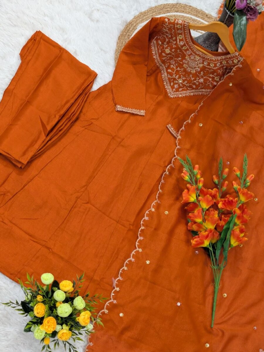 Orange Pure Vichitra Silk Embroidery Wedding Party Festival Ready Pant Salwar Kameez