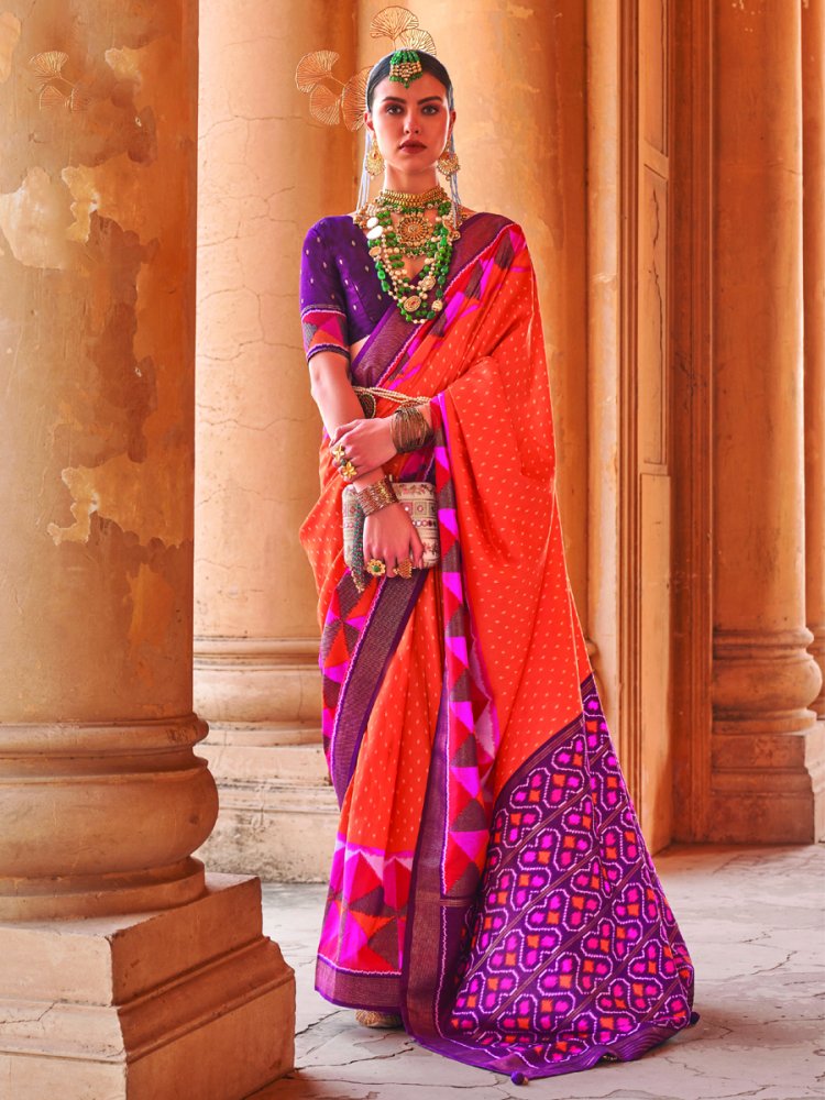 Orange Pv Silk Printed Casual Festival Contemporary Saree