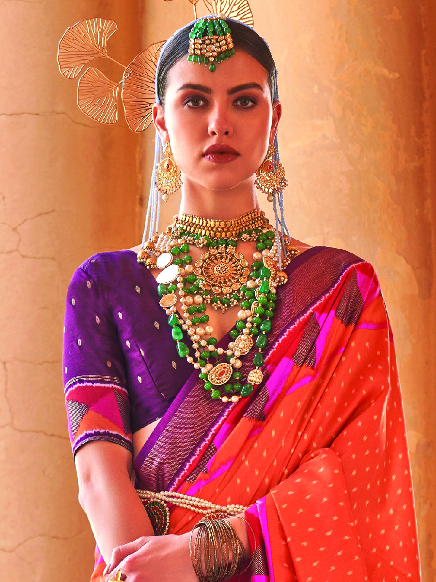 Orange Pv Silk Printed Casual Festival Contemporary Saree