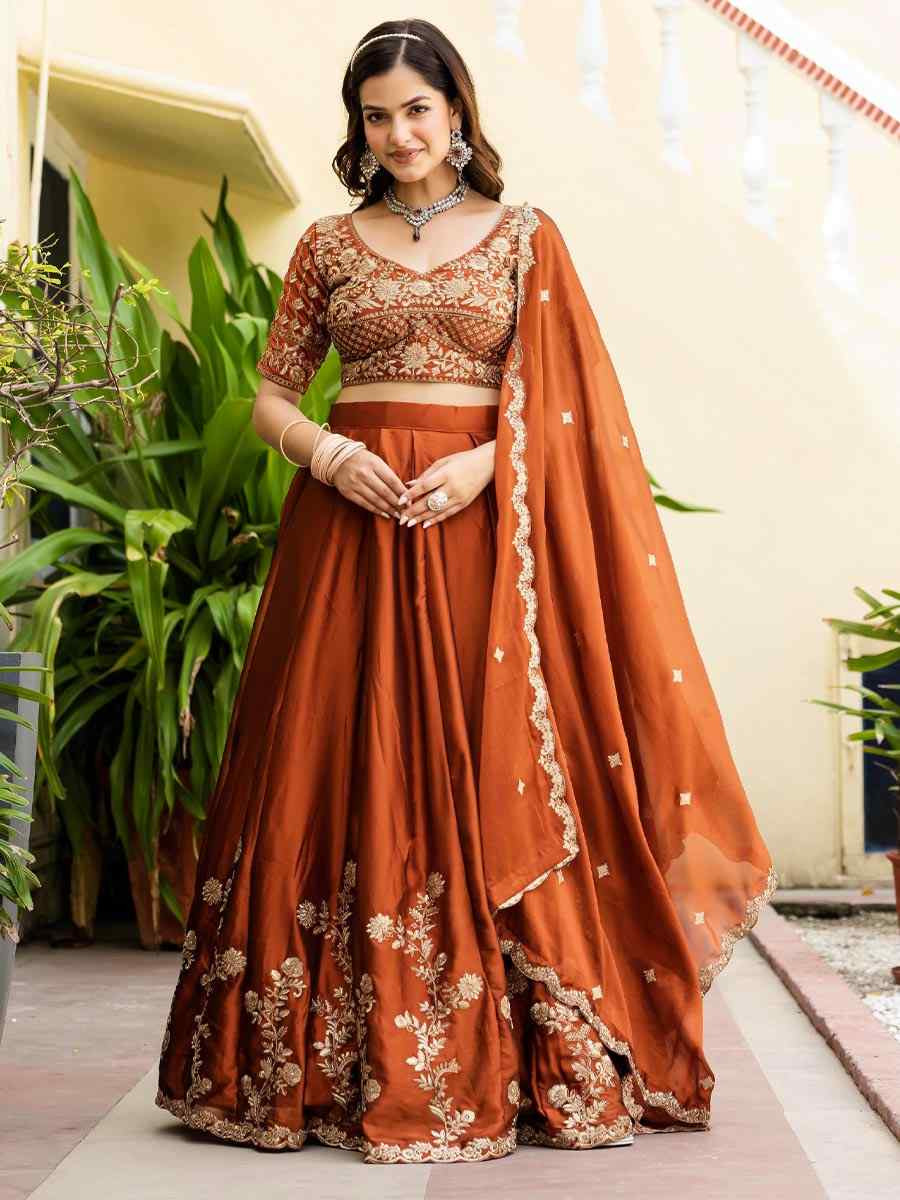 Orange Rangoli Silk Embroidered Wedding Reception Festival Heavy Border Lehenga Choli