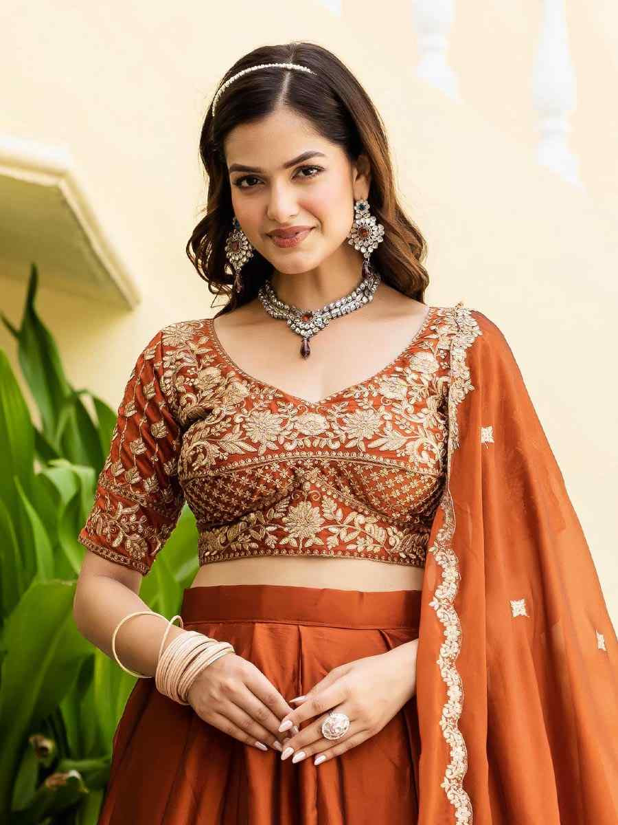 Orange Rangoli Silk Embroidered Wedding Reception Festival Heavy Border Lehenga Choli