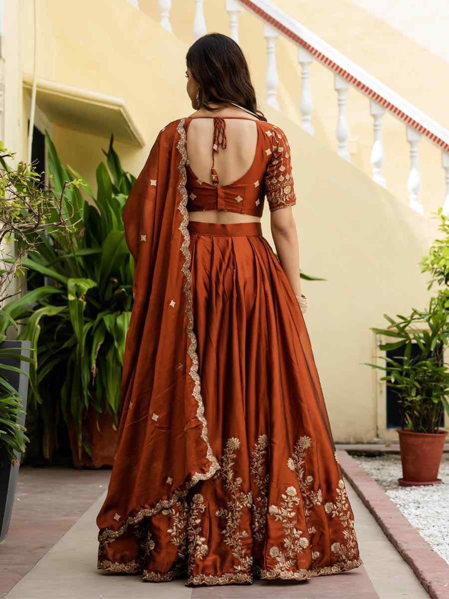Orange Rangoli Silk Embroidered Wedding Reception Festival Heavy Border Lehenga Choli