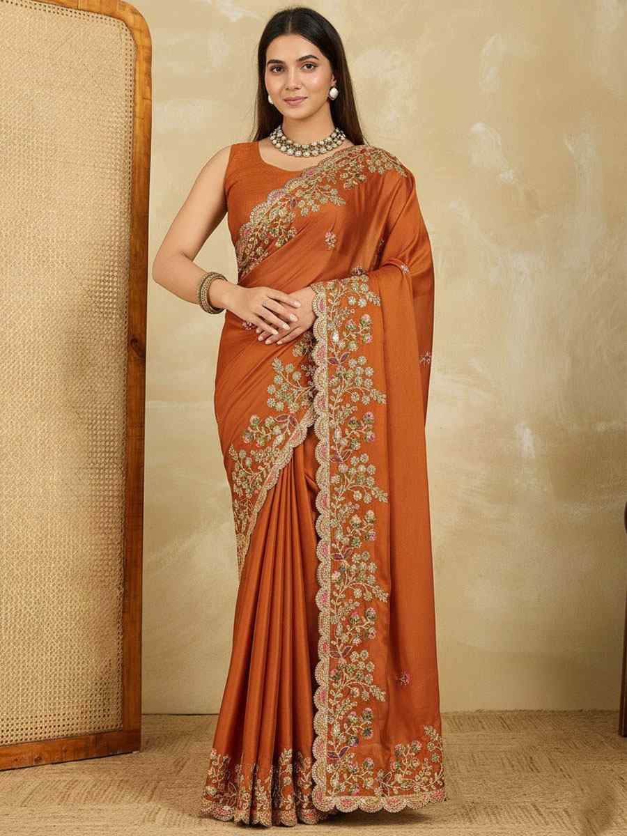 Orange Rangoli Silk Embroidery Traditional Casual Reception Festival Wedding Fancy Heavy Border Saree