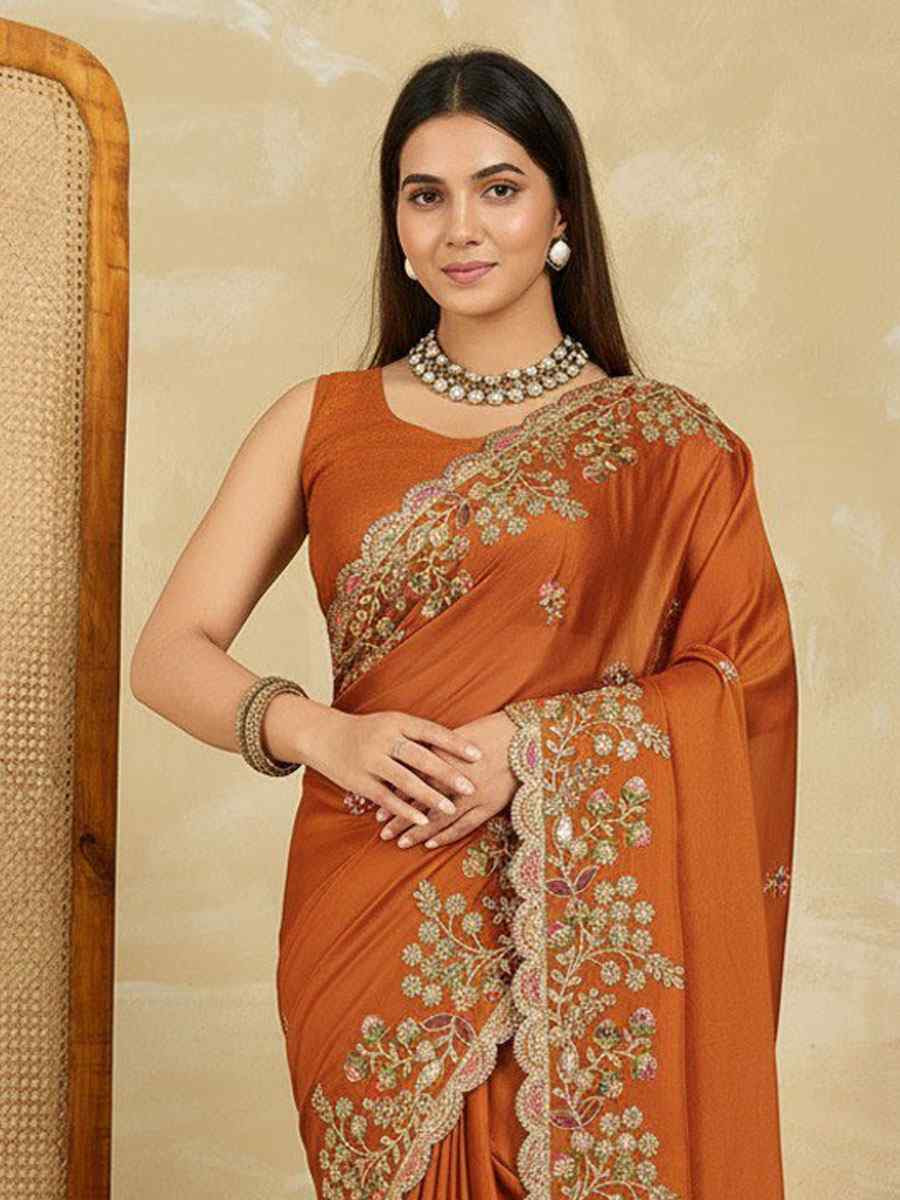 Orange Rangoli Silk Embroidery Traditional Casual Reception Festival Wedding Fancy Heavy Border Saree