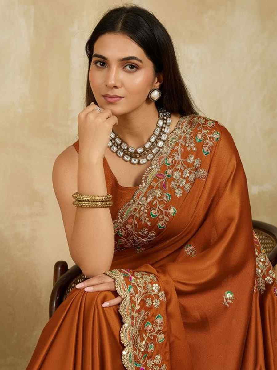 Orange Rangoli Silk Embroidery Traditional Casual Reception Festival Wedding Fancy Heavy Border Saree