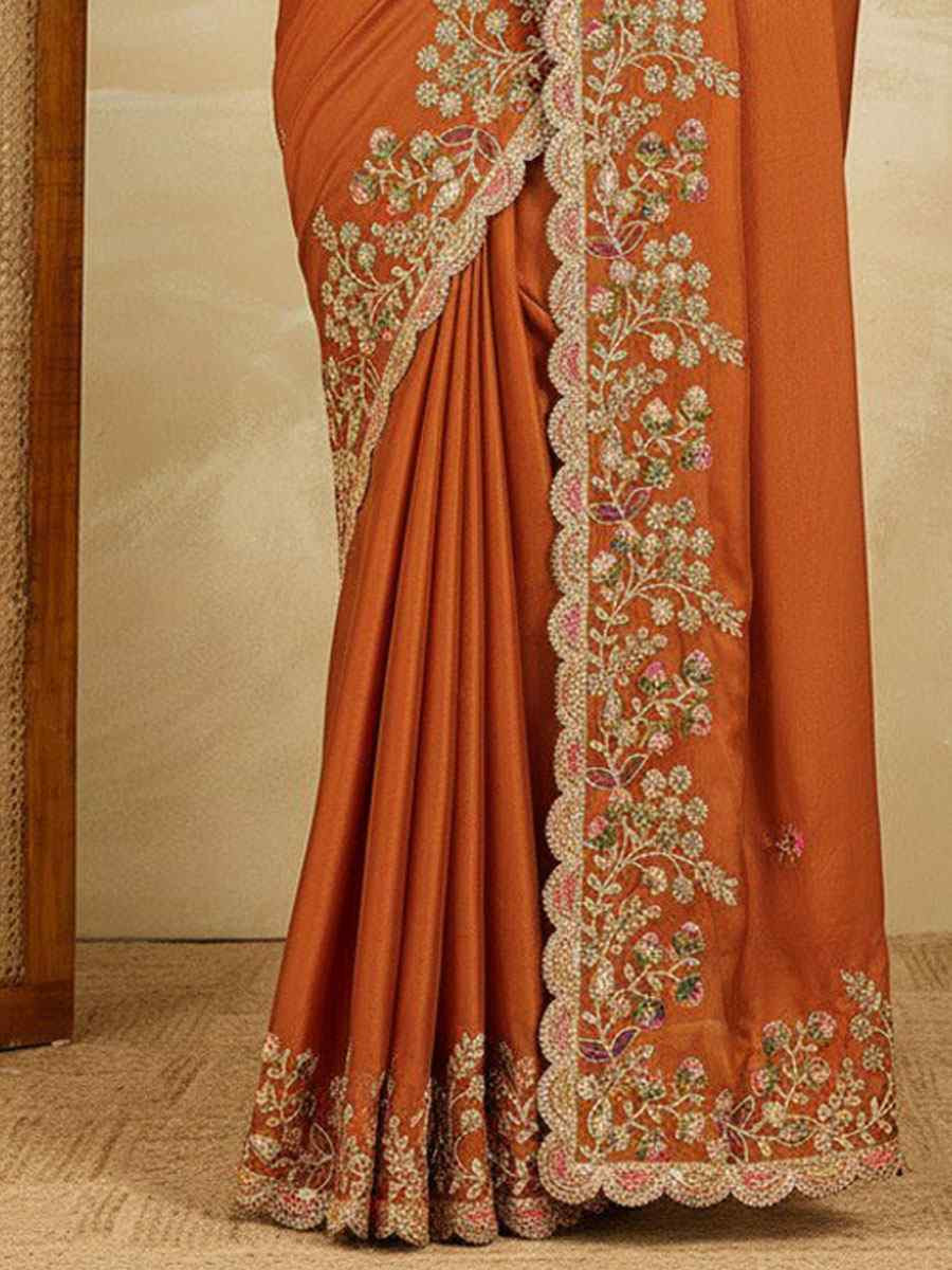 Orange Rangoli Silk Embroidery Traditional Casual Reception Festival Wedding Fancy Heavy Border Saree