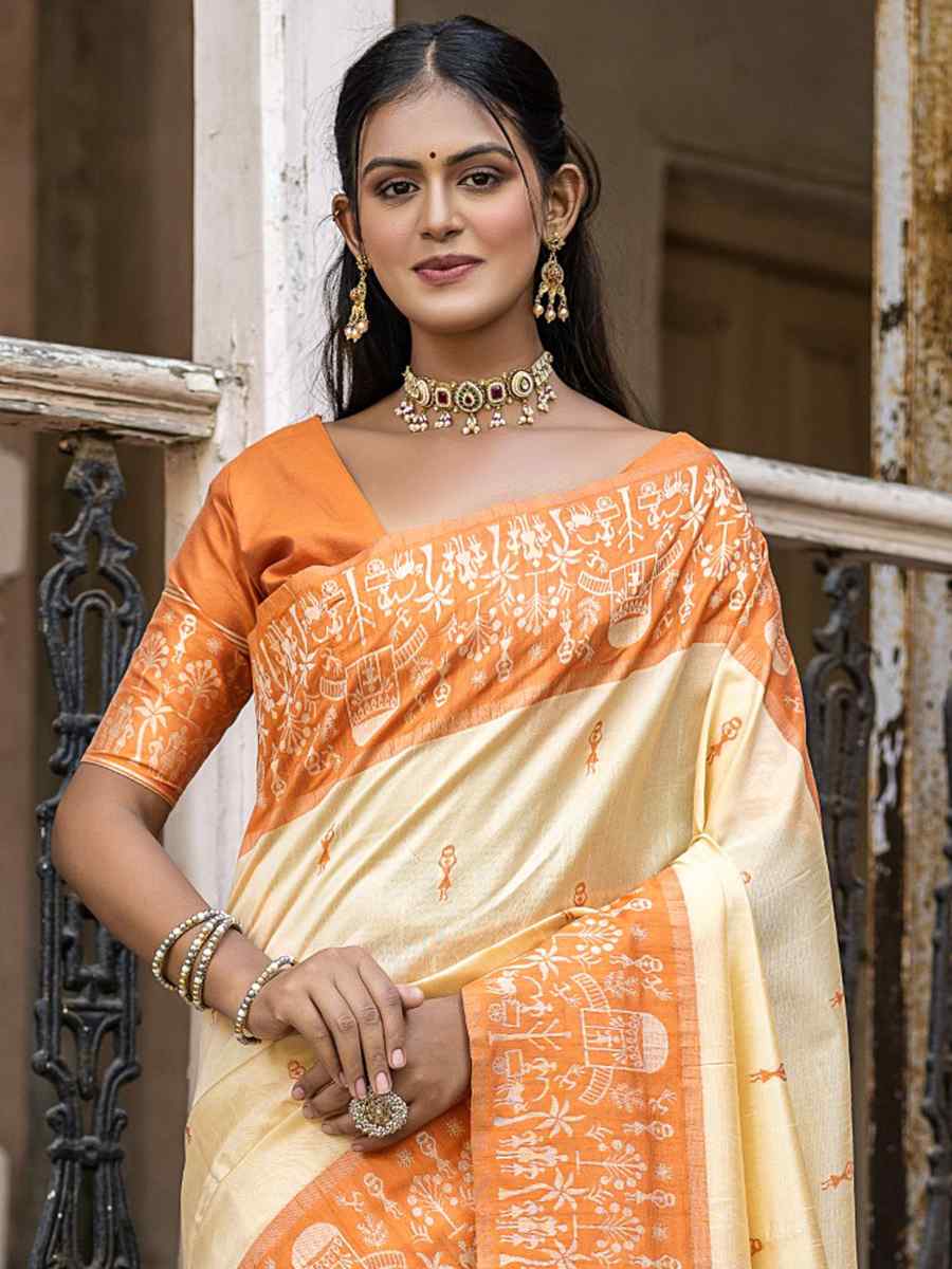 Orange Raw Silk Handwoven Casual Festival Classic Style Saree