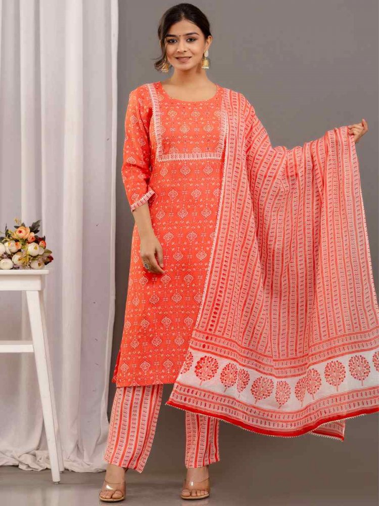 Orange Rayon Cotton Printed Casual Festival Pant Salwar Kameez