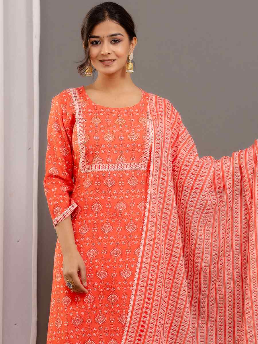 Orange Rayon Cotton Printed Casual Festival Pant Salwar Kameez