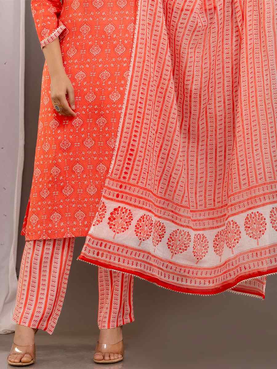 Orange Rayon Cotton Printed Casual Festival Pant Salwar Kameez