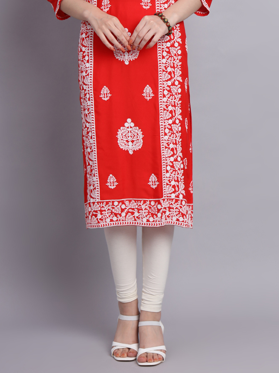 Orange Rayon Embroidered Festival Casual Kurti