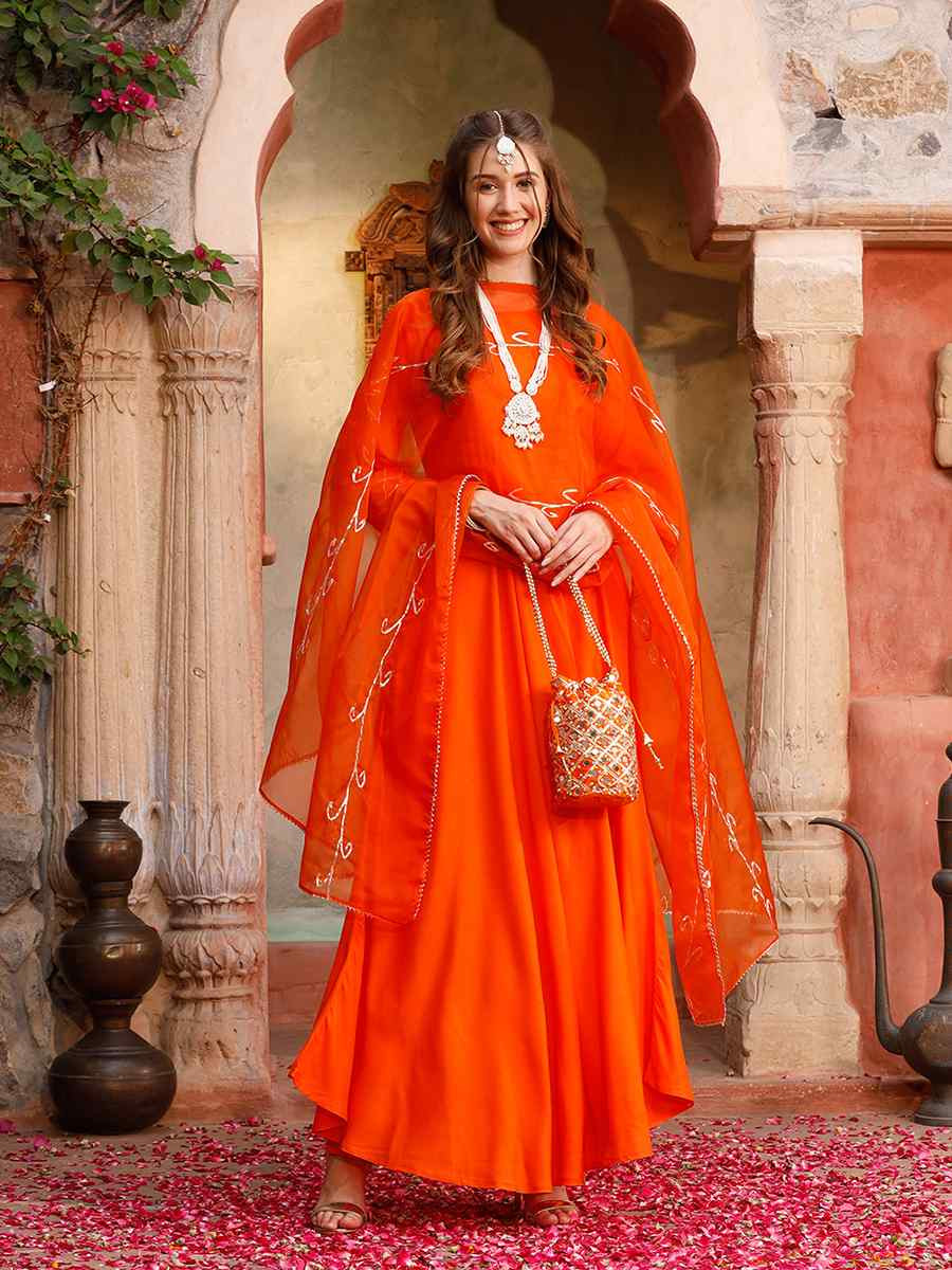 Orange Rayon Embroidered Festival Mehendi Ready Anarkali Salwar Kameez