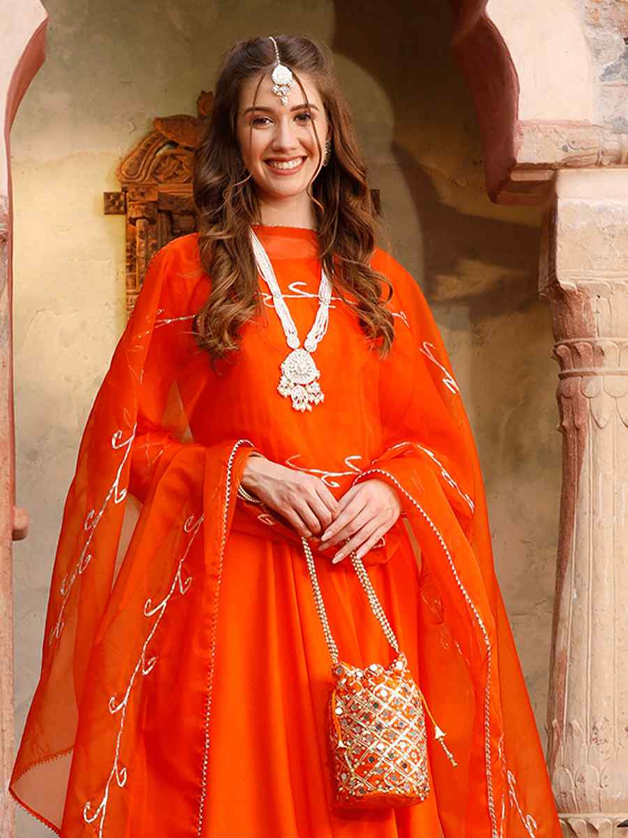 Orange Rayon Embroidered Festival Mehendi Ready Anarkali Salwar Kameez