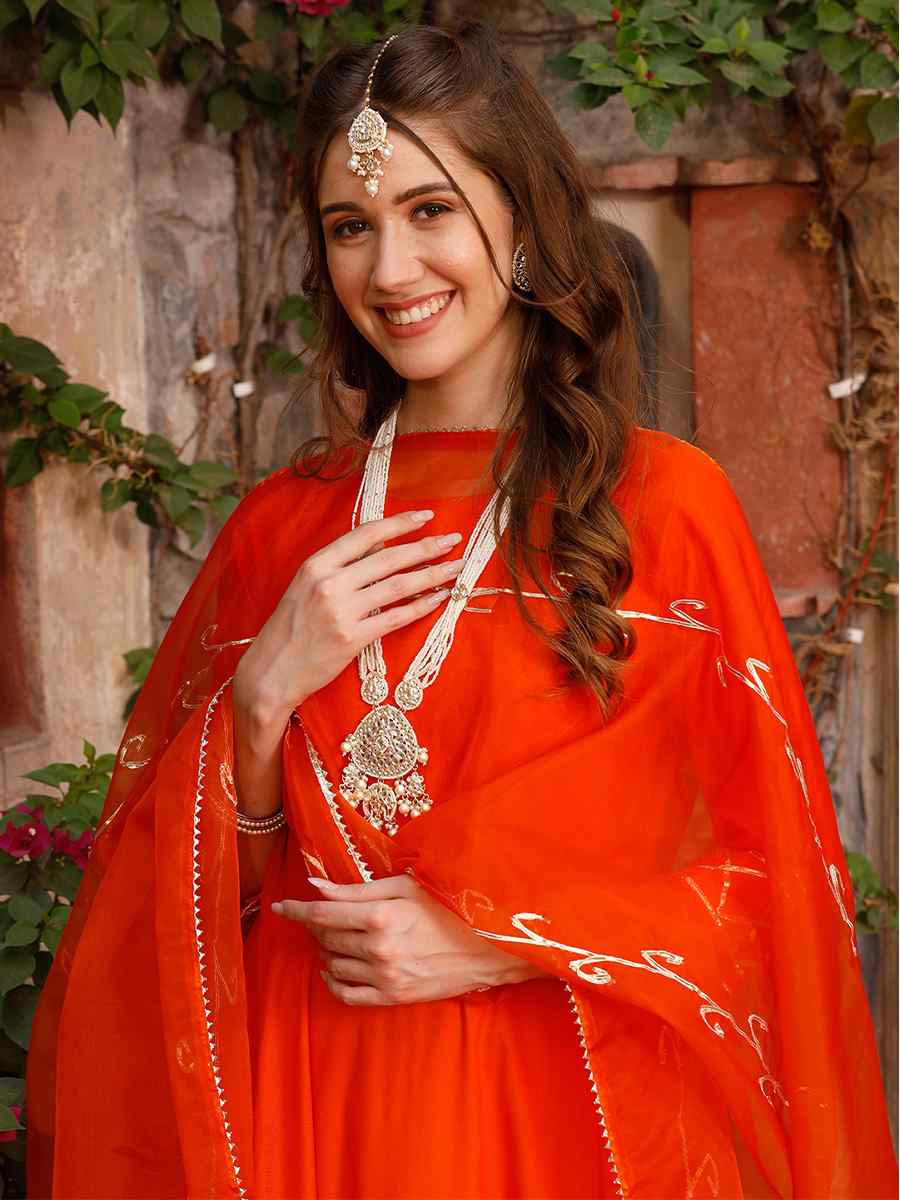Orange Rayon Embroidered Festival Mehendi Ready Anarkali Salwar Kameez