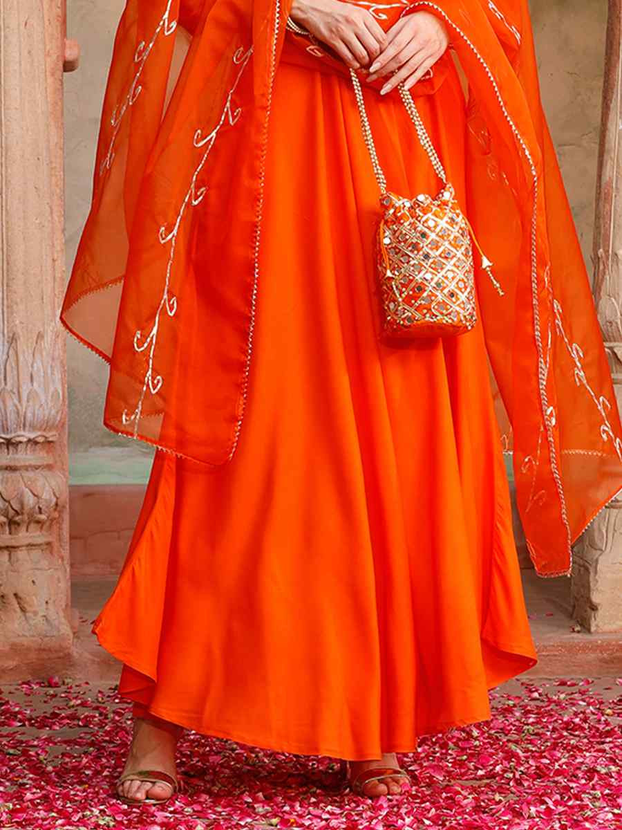 Orange Rayon Embroidered Festival Mehendi Ready Anarkali Salwar Kameez