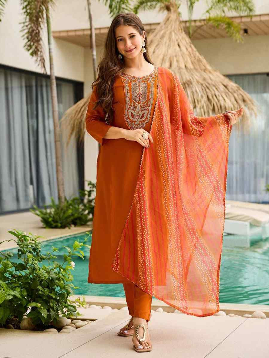 Orange Rayon Embroidered Party Wedding Ready Pant Salwar Kameez