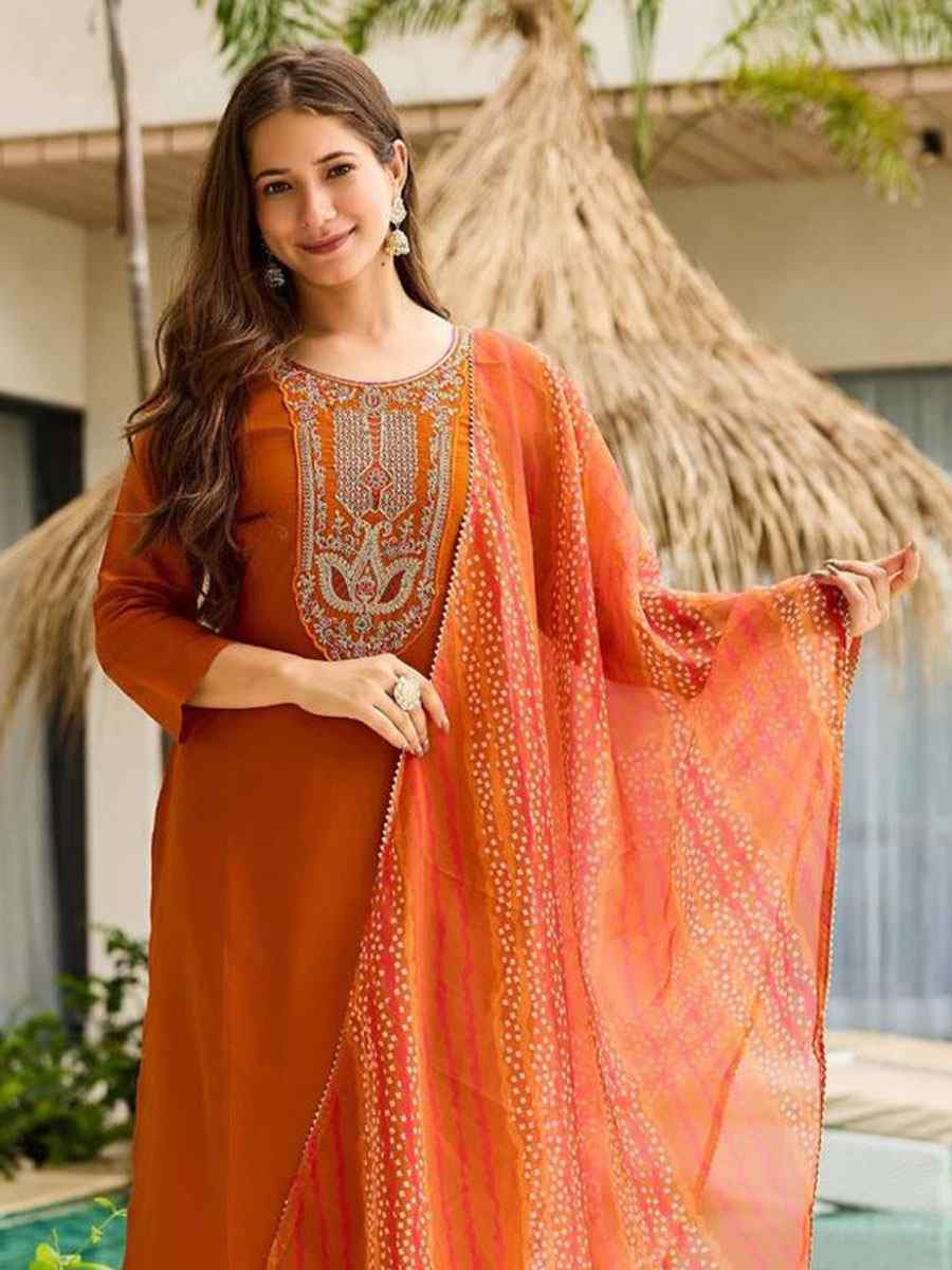 Orange Rayon Embroidered Party Wedding Ready Pant Salwar Kameez