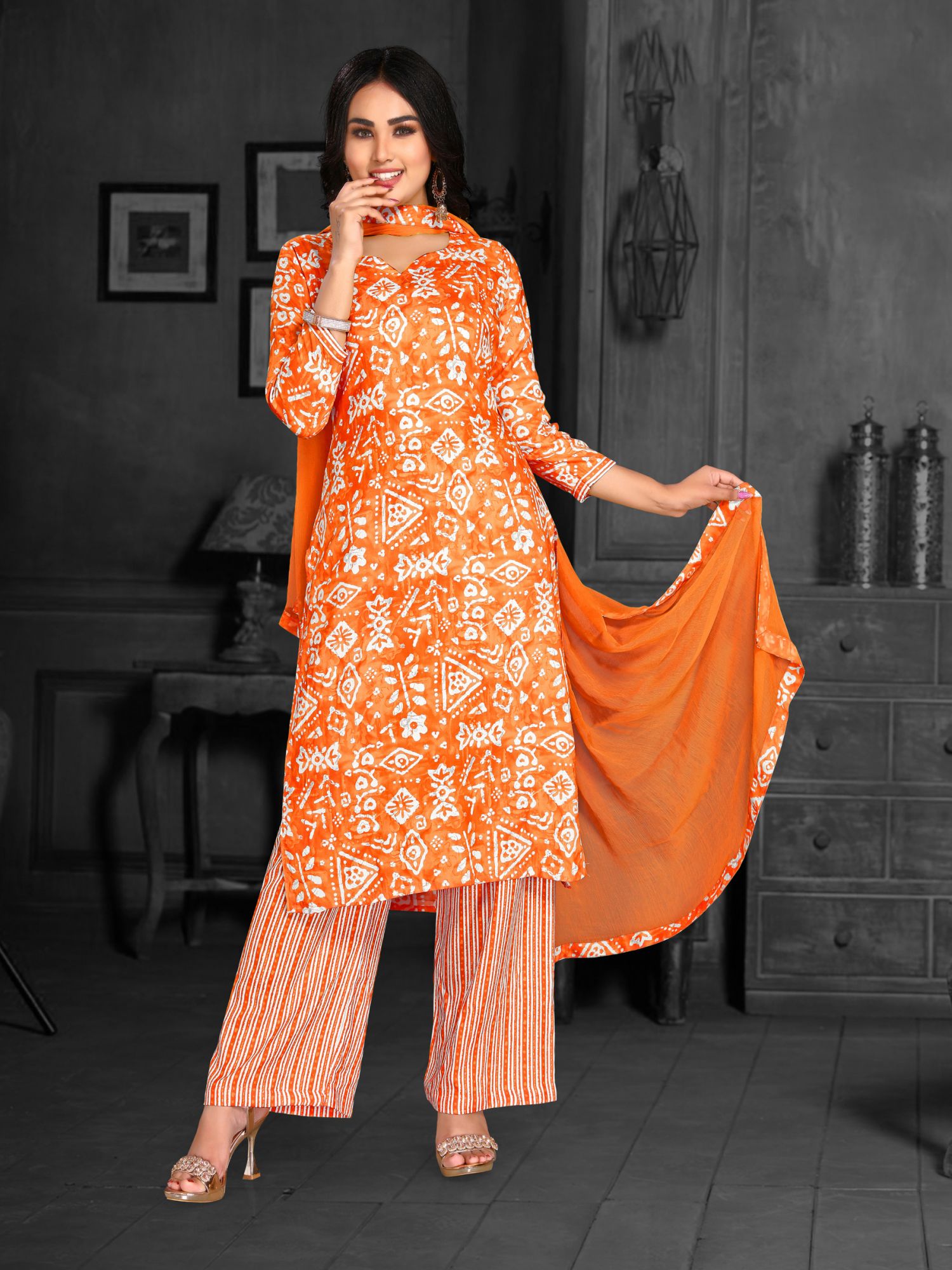 Orange Rayon Printed Casual Pant Kameez