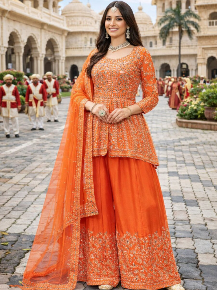 Image of Orange Real Premium Chinon Embroidery Wedding Party Festival Casual Ready Palazzo Pant Salwar Kameez