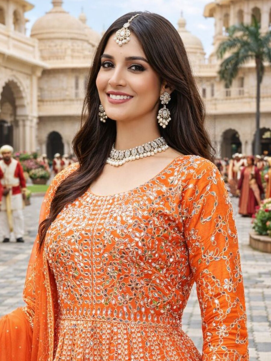 Orange Real Premium Chinon Embroidery Wedding Party Festival Casual Ready Palazzo Pant Salwar Kameez