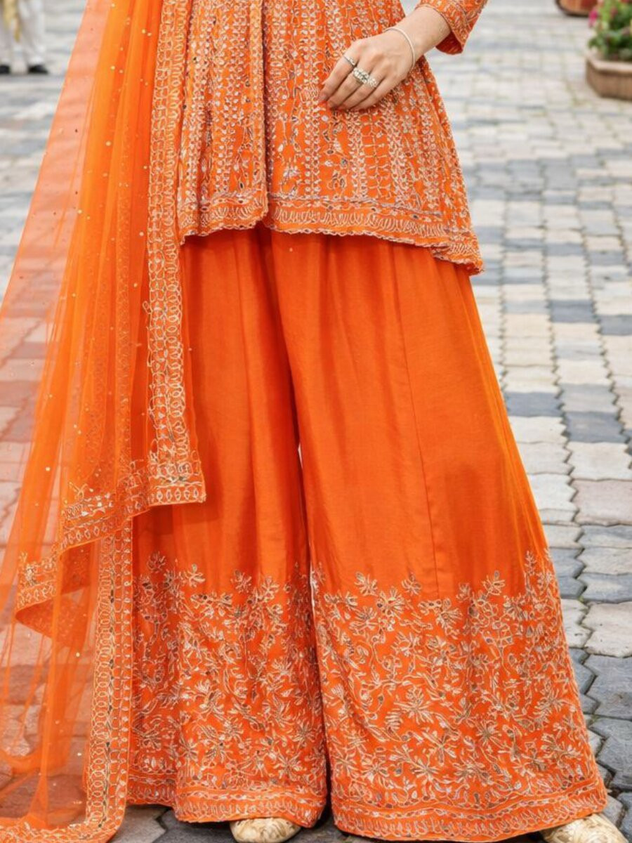 Orange Real Premium Chinon Embroidery Wedding Party Festival Casual Ready Palazzo Pant Salwar Kameez