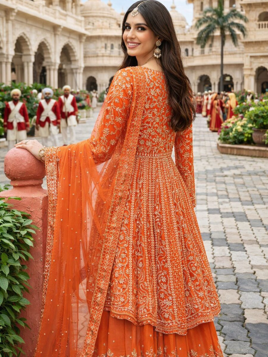 Orange Real Premium Chinon Embroidery Wedding Party Festival Casual Ready Palazzo Pant Salwar Kameez