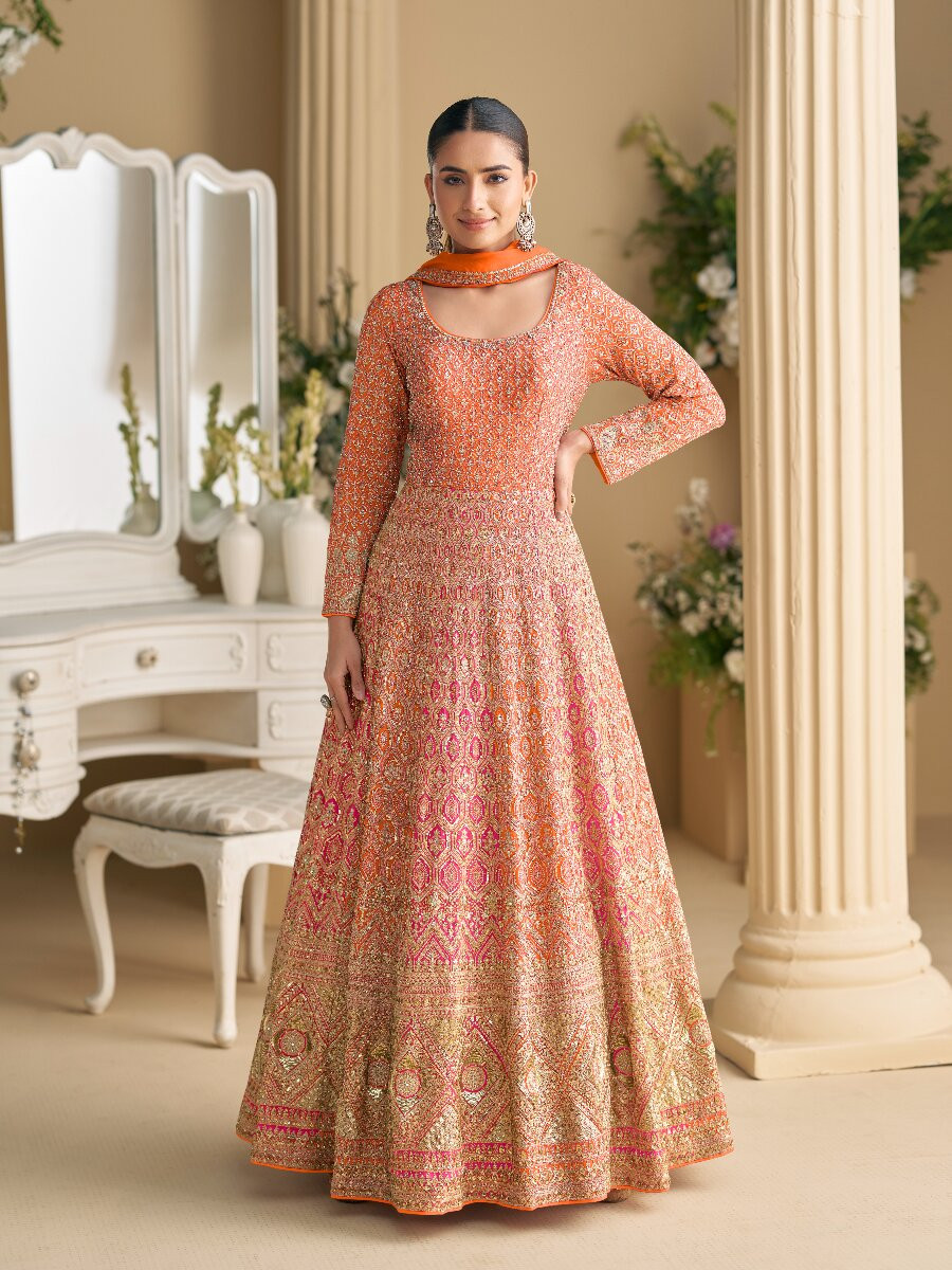 Orange Real Premium Georgette Embroidery Sequins Zari Wedding Party Festival Casual Ready Anarkali Salwar Kameez