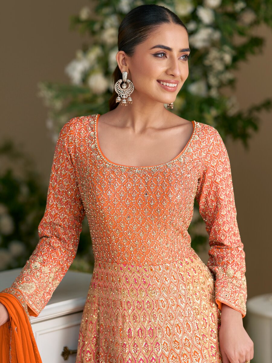 Orange Real Premium Georgette Embroidery Sequins Zari Wedding Party Festival Casual Ready Anarkali Salwar Kameez