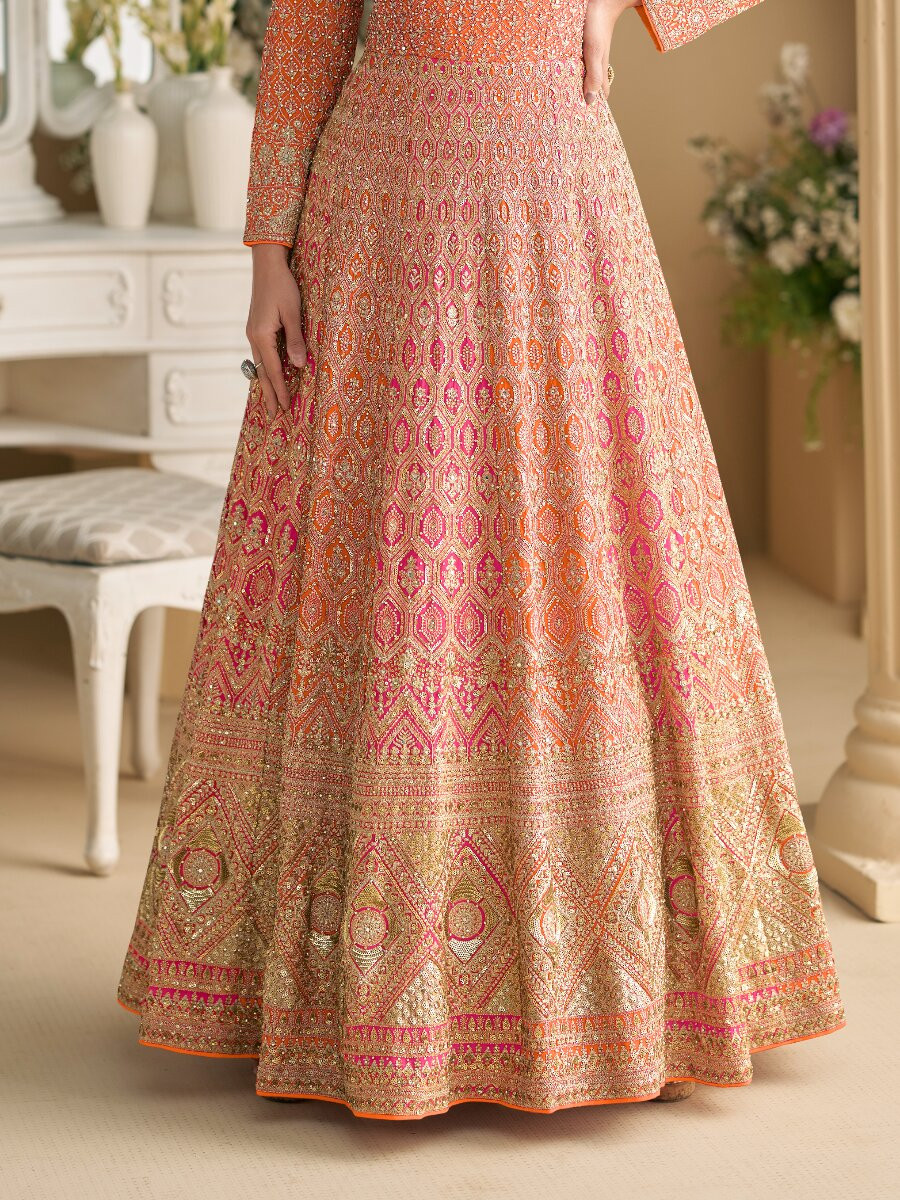 Orange Real Premium Georgette Embroidery Sequins Zari Wedding Party Festival Casual Ready Anarkali Salwar Kameez