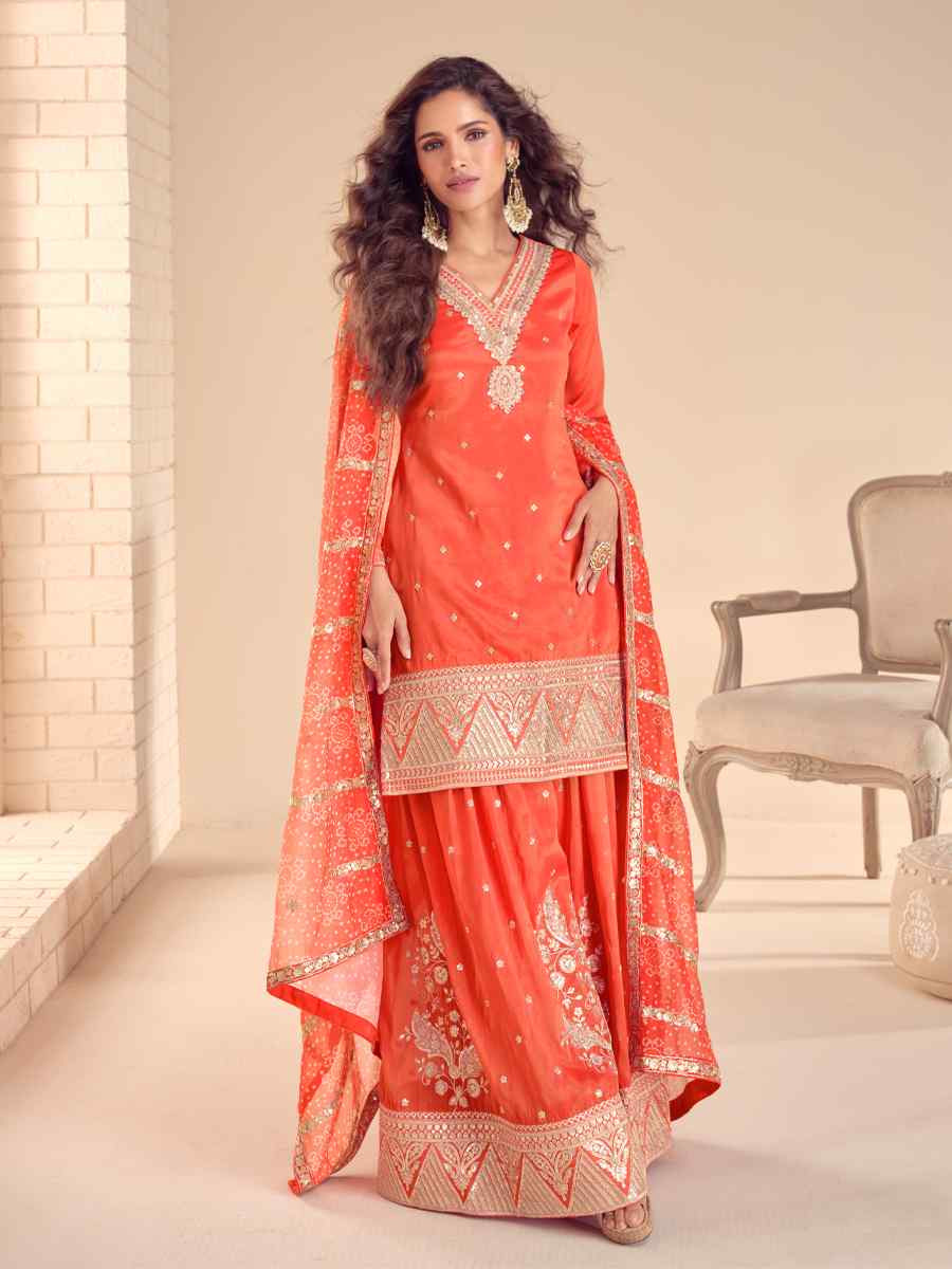 Orange Real Simar Silk Embroidered Festival Casual Sharara Salwar Kameez