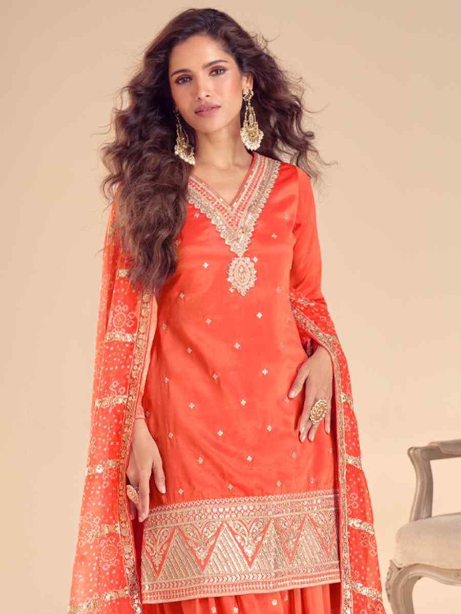 Orange Real Simar Silk Embroidered Festival Casual Sharara Salwar Kameez