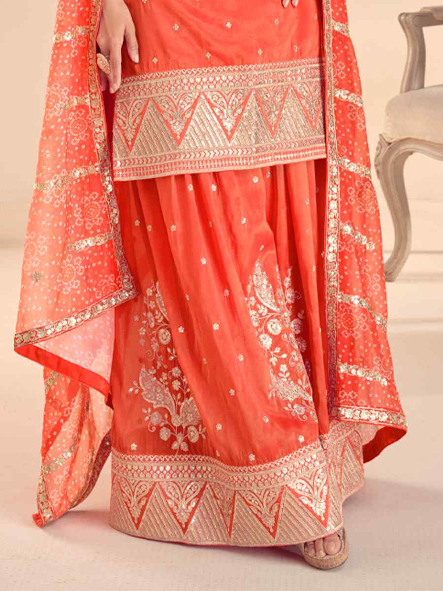 Orange Real Simar Silk Embroidered Festival Casual Sharara Salwar Kameez
