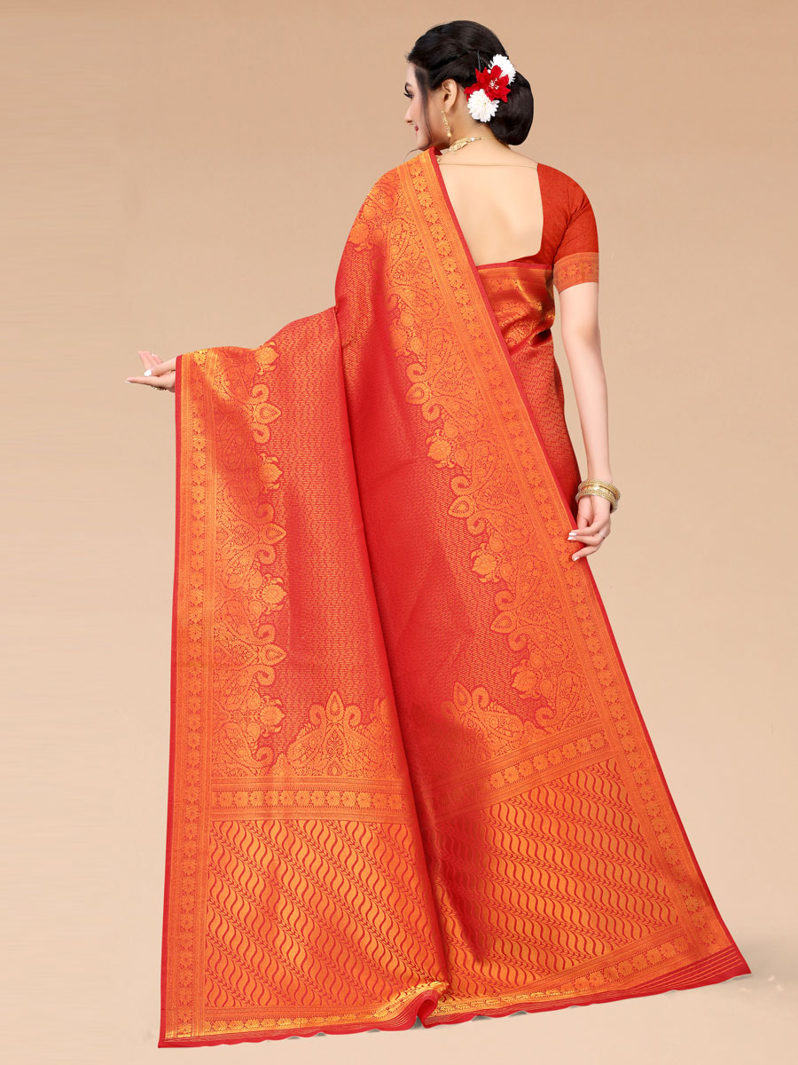 Orange Red Blended Silk Handwoven Party Saree