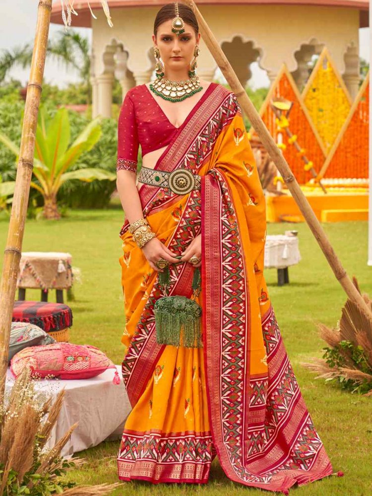 Orange Red Mercerized Sigma Silk Handwoven Wedding Festival Heavy Border Saree