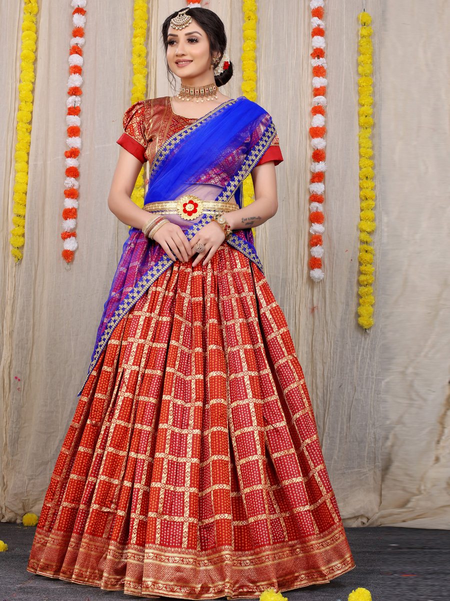 Orange Red Silk Handwoven Party Lehenga Choli