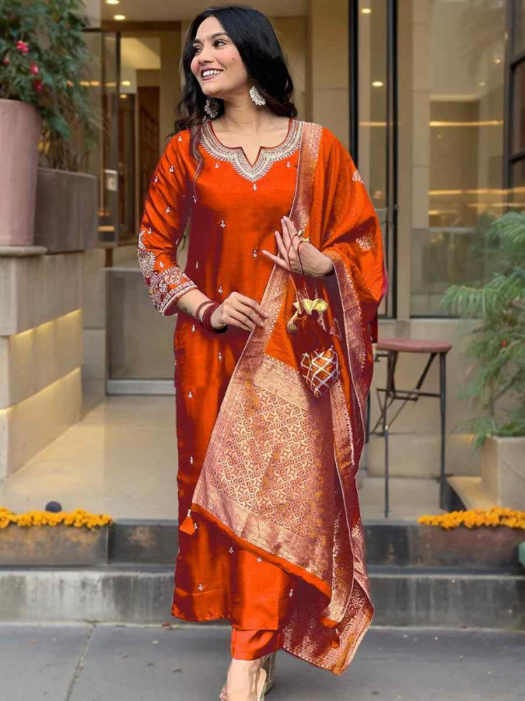 Orange Roman Silk Embroidered Festival Casual Ready Pant Salwar Kameez