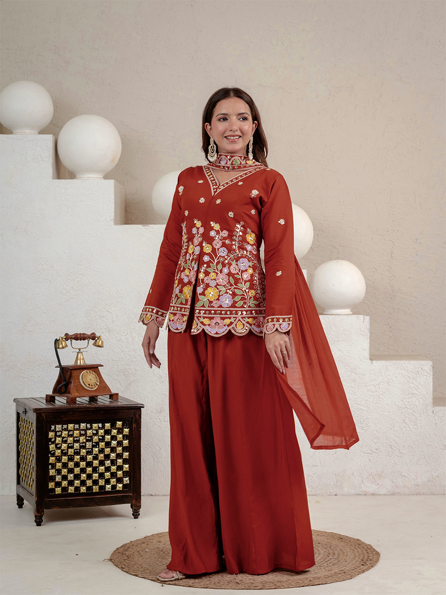 Orange Roman Silk Embroidery Sequins Wedding Party Festival Casual Ready Palazzo Pant Salwar Kameez