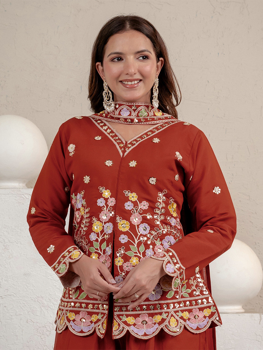 Orange Roman Silk Embroidery Sequins Wedding Party Festival Casual Ready Palazzo Pant Salwar Kameez