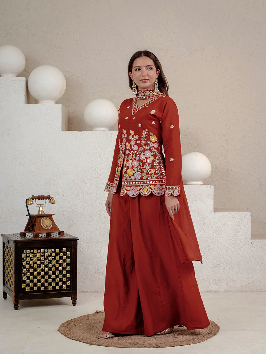 Orange Roman Silk Embroidery Sequins Wedding Party Festival Casual Ready Palazzo Pant Salwar Kameez