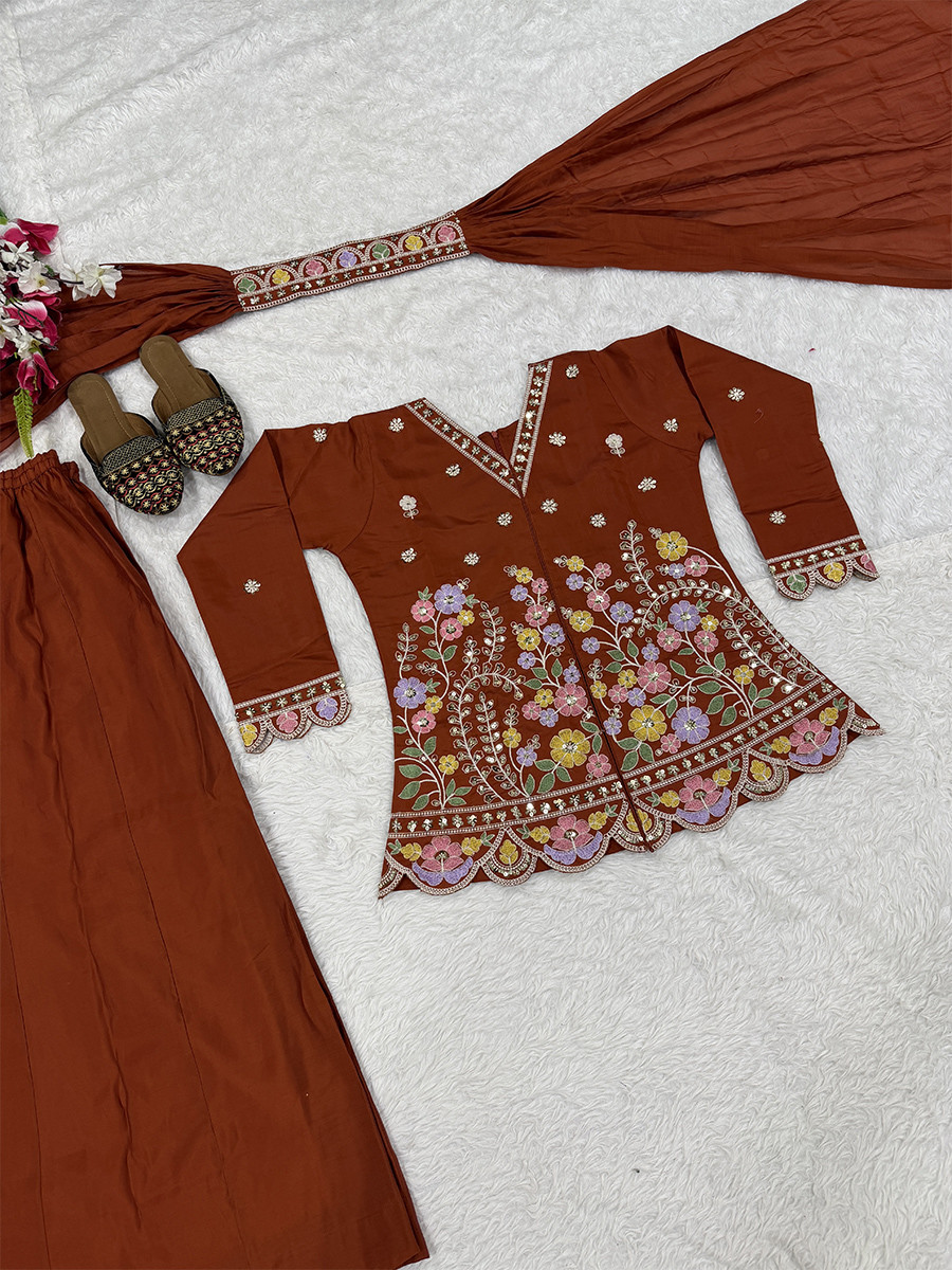 Orange Roman Silk Embroidery Sequins Wedding Party Festival Casual Ready Palazzo Pant Salwar Kameez