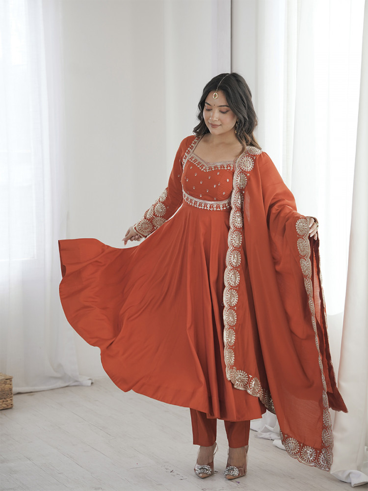 Image of Orange Roman Silk Embroidery Sequins Zari Wedding Party Festival Casual Ready Anarkali Pant Salwar Kameez