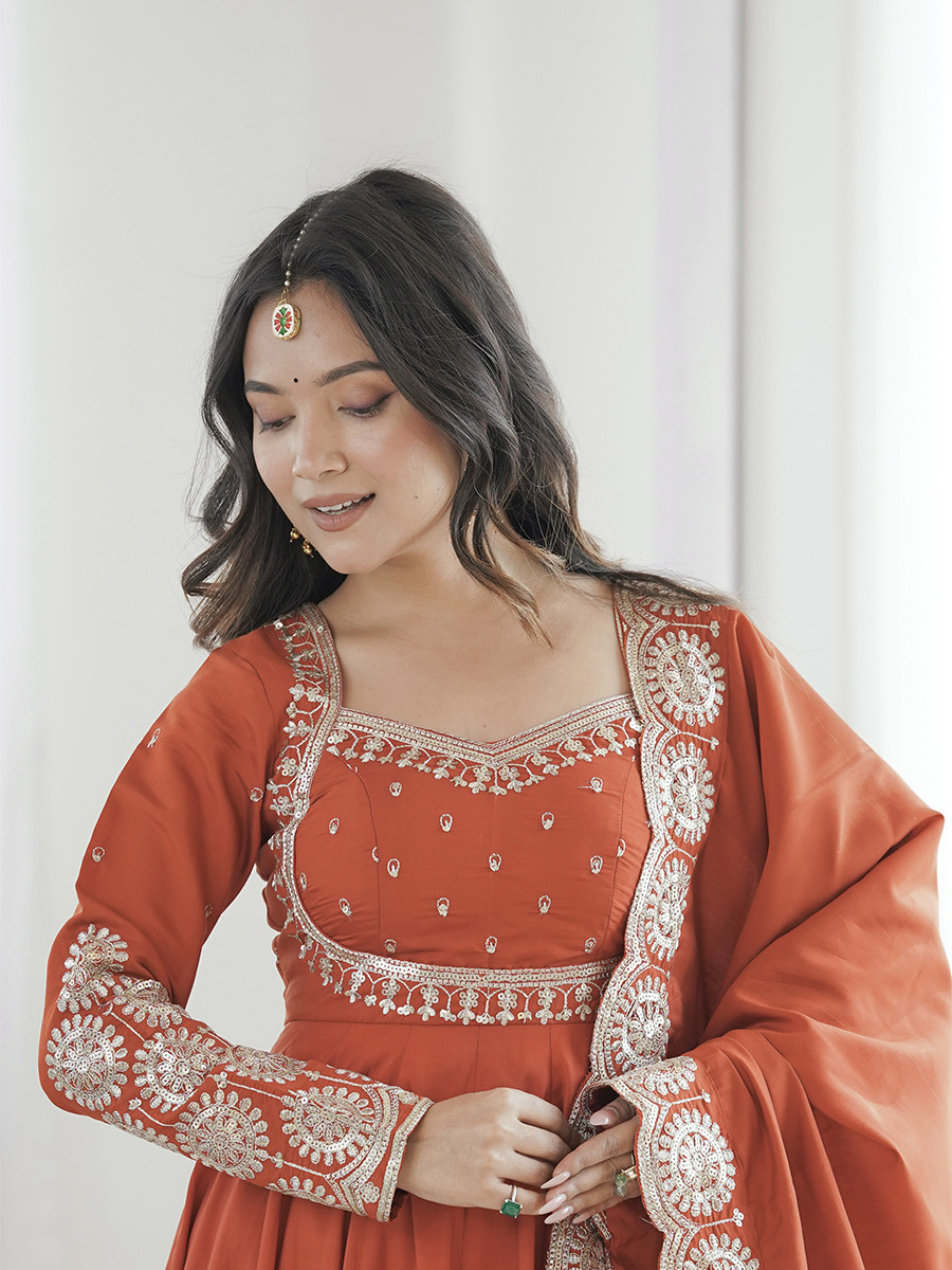 Orange Roman Silk Embroidery Sequins Zari Wedding Party Festival Casual Ready Anarkali Pant Salwar Kameez