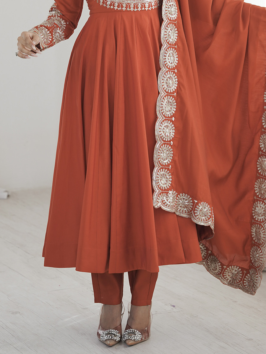 Orange Roman Silk Embroidery Sequins Zari Wedding Party Festival Casual Ready Anarkali Pant Salwar Kameez