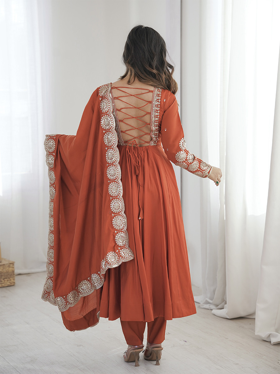 Orange Roman Silk Embroidery Sequins Zari Wedding Party Festival Casual Ready Anarkali Pant Salwar Kameez