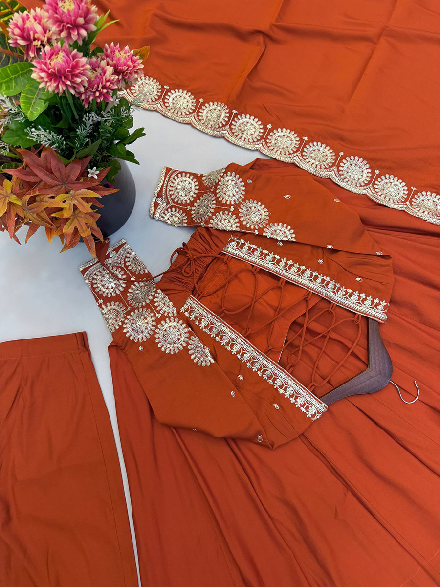 Orange Roman Silk Embroidery Sequins Zari Wedding Party Festival Casual Ready Anarkali Pant Salwar Kameez